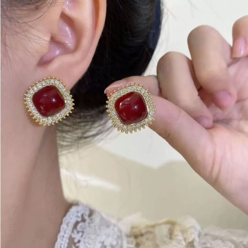 Kırmızı damla sırı inci küpe, vintage tasarım