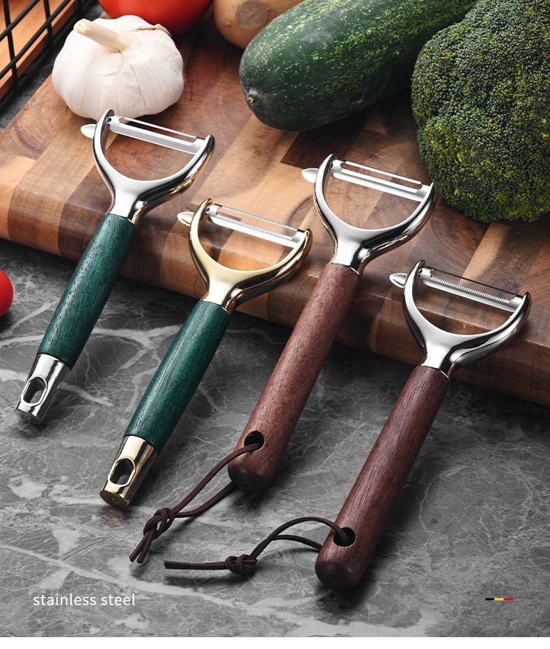 Stainless steel multi-function peeler wooden handle