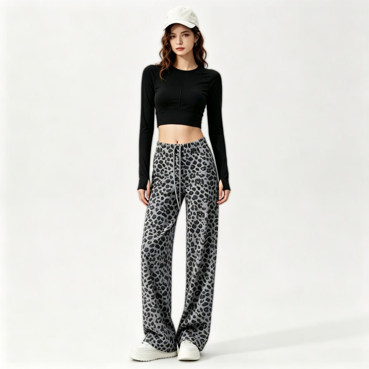 Damen-Yogahose mit Leopardenmuster und weitem Bein, hohe Taille