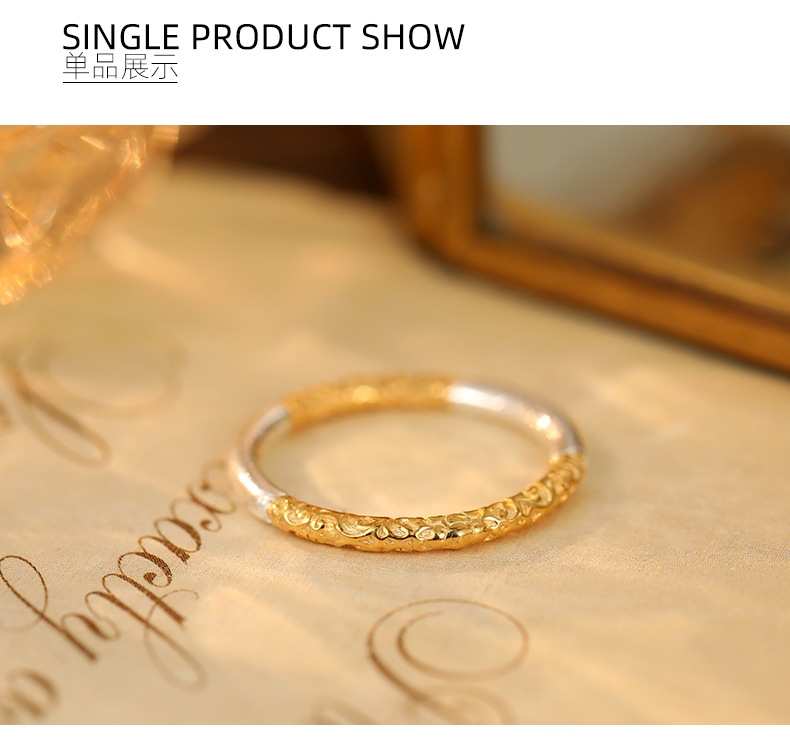 S999 sterling silver flower ring, gold plated, antique