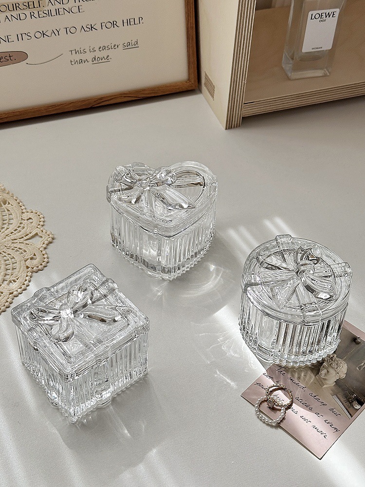 Schmuckschatulle aus Glas, Herzform mit Schleife, europäischer Stil
