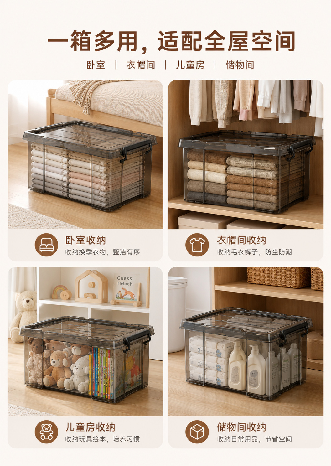 Clothing storage box with lid, clear, large capacity