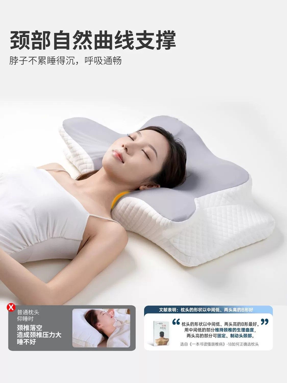 Ergonomic memory foam pillow, butterfly shape, cervical support