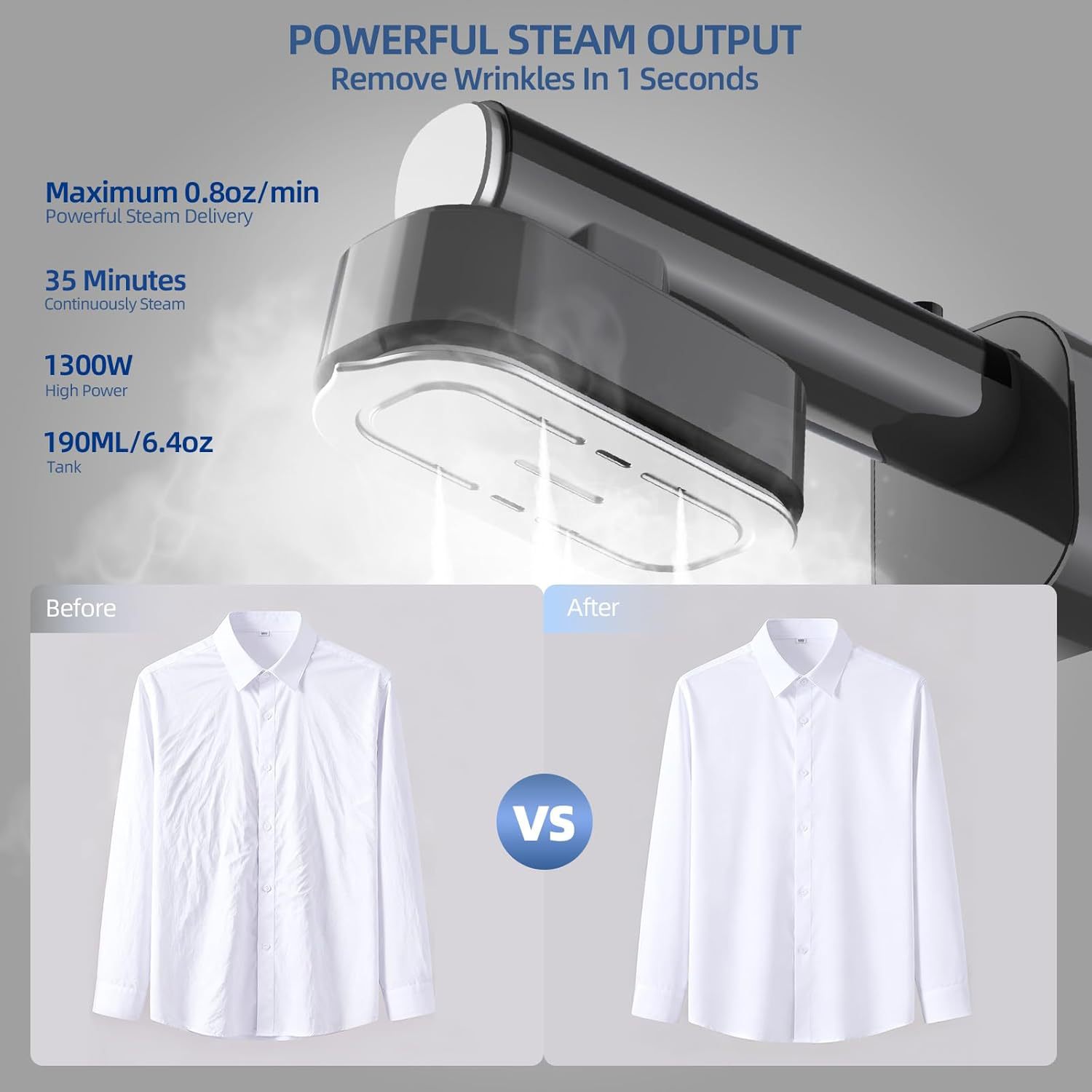 Vertical garment steamer, high power, portable, quick wrinkle removal