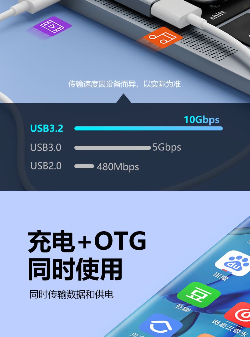 3-in-1 OTG adaptörü, USB-C to USB, 100W PD hızlı şarj, veri aktarım