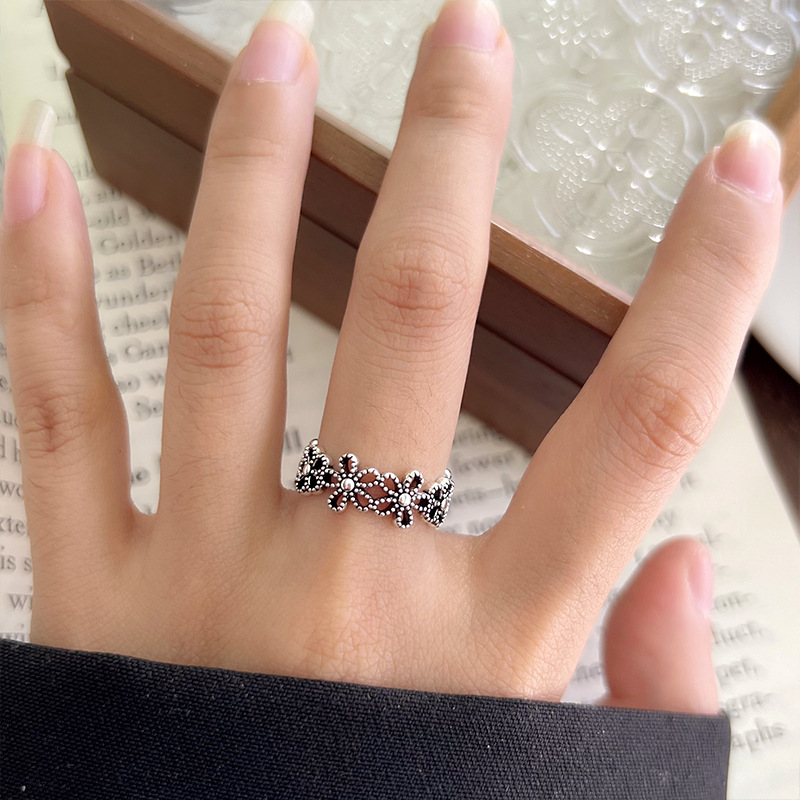 Lanzhi snowflake pattern 925 silver retro ring