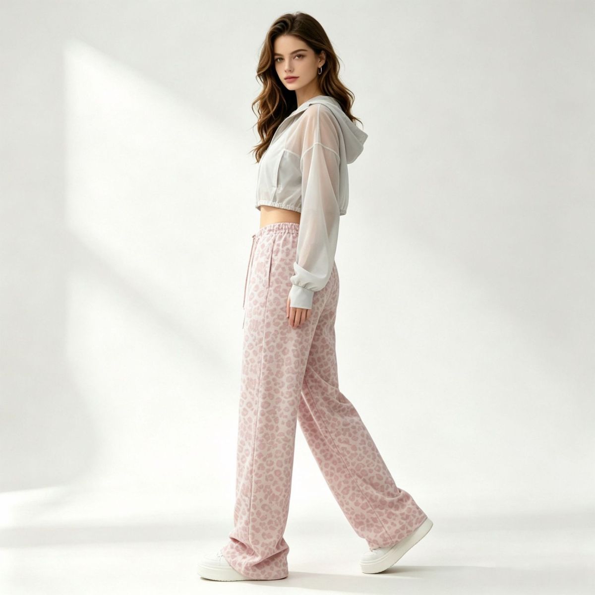 Damen-Yogahose mit Leopardenmuster und weitem Bein, hohe Taille