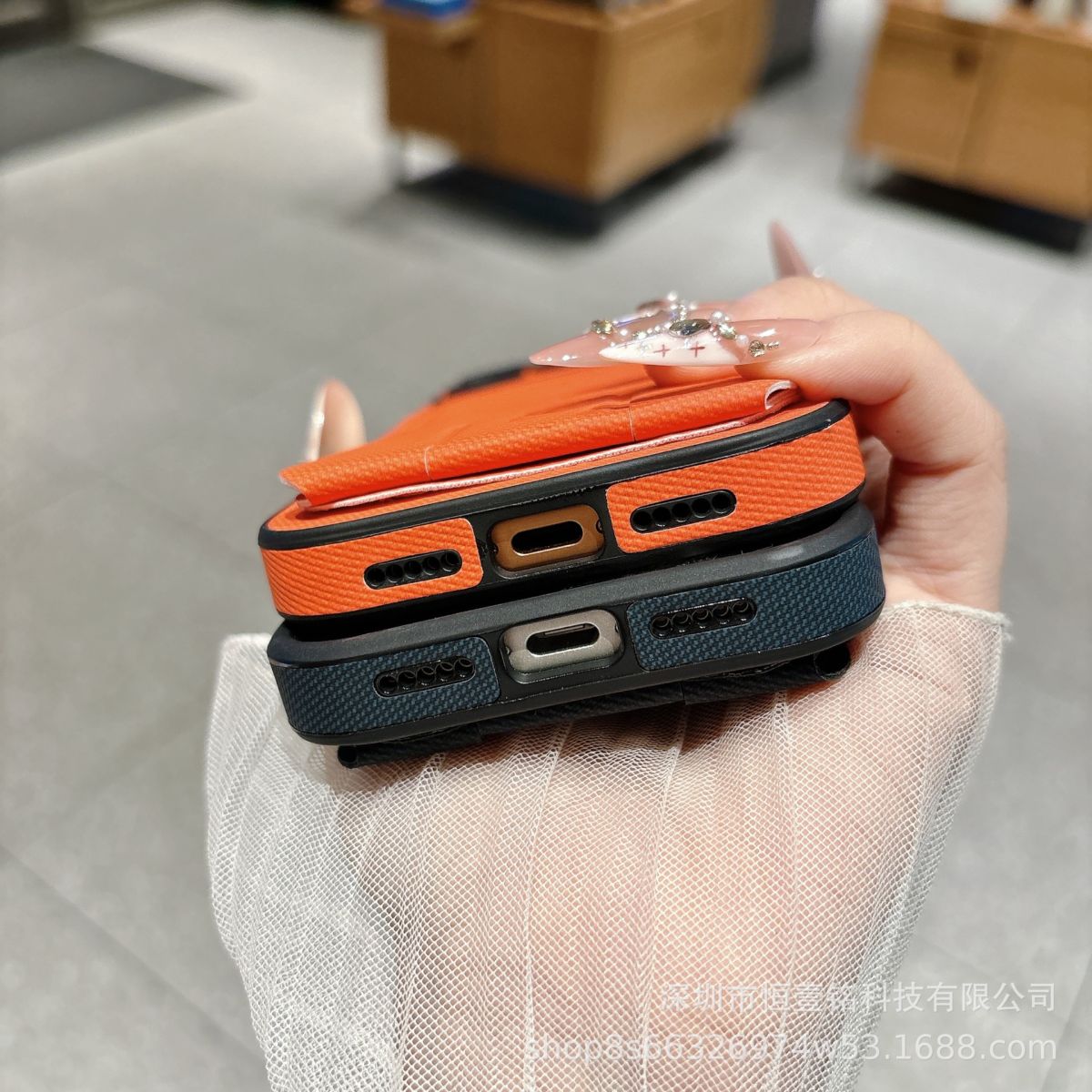 iPhone 17 phone case, fabric texture, card slot, foldable stand