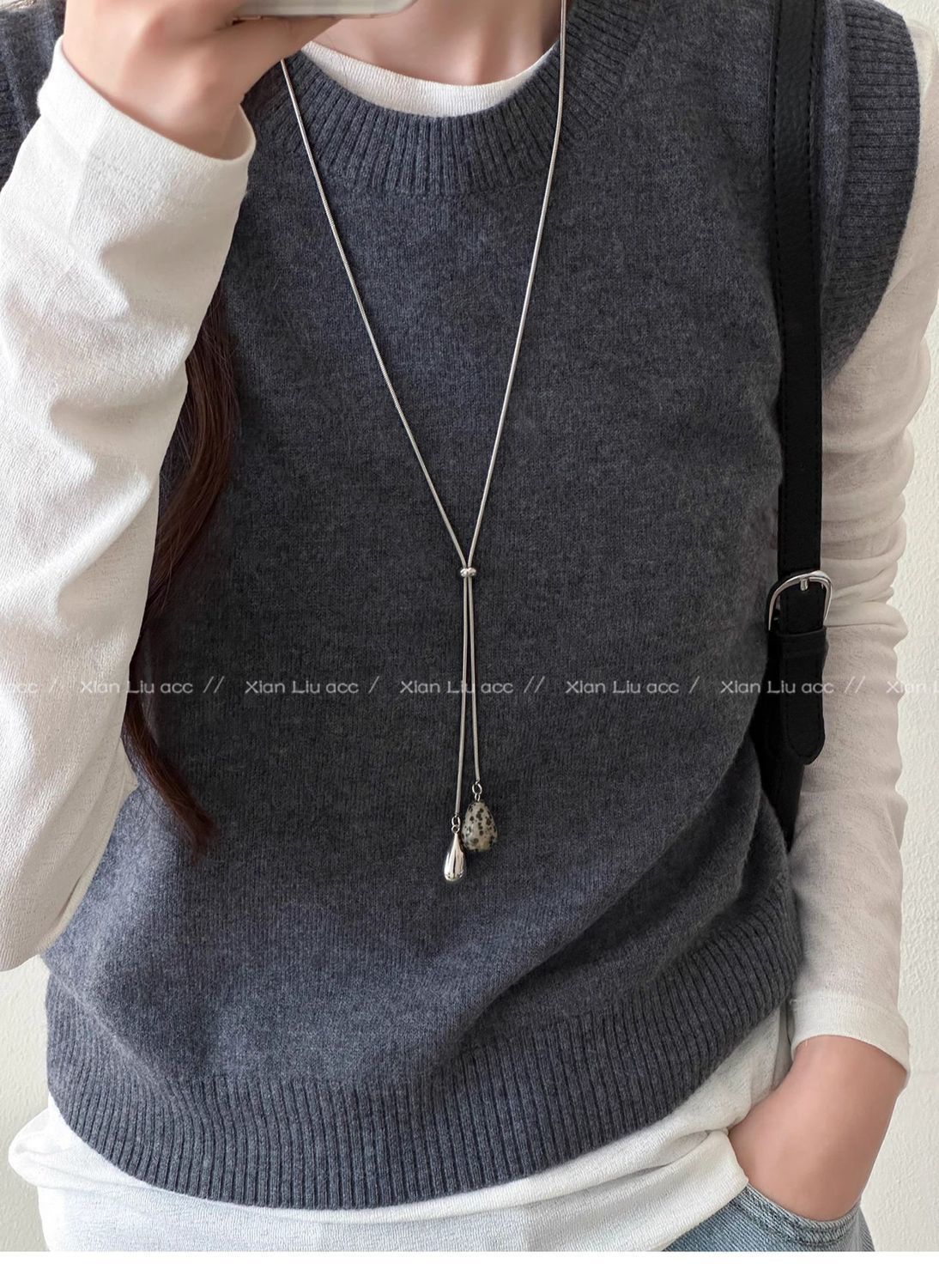 Tiger's eye water drop pull-through necklace, long design, women's accessory