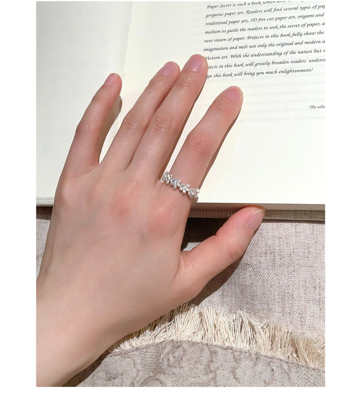 S925 sterling silver brushed flower open ring for women