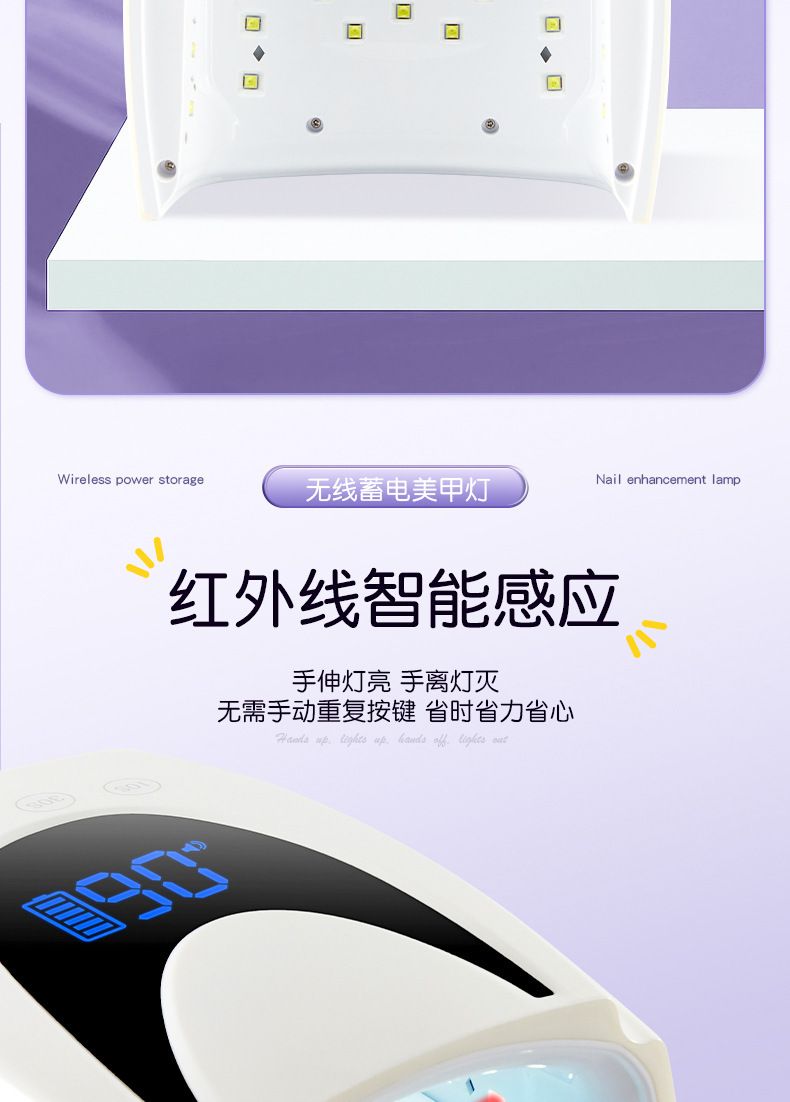 Rechargeable manicure UV/LED lamp, 72W wireless curing