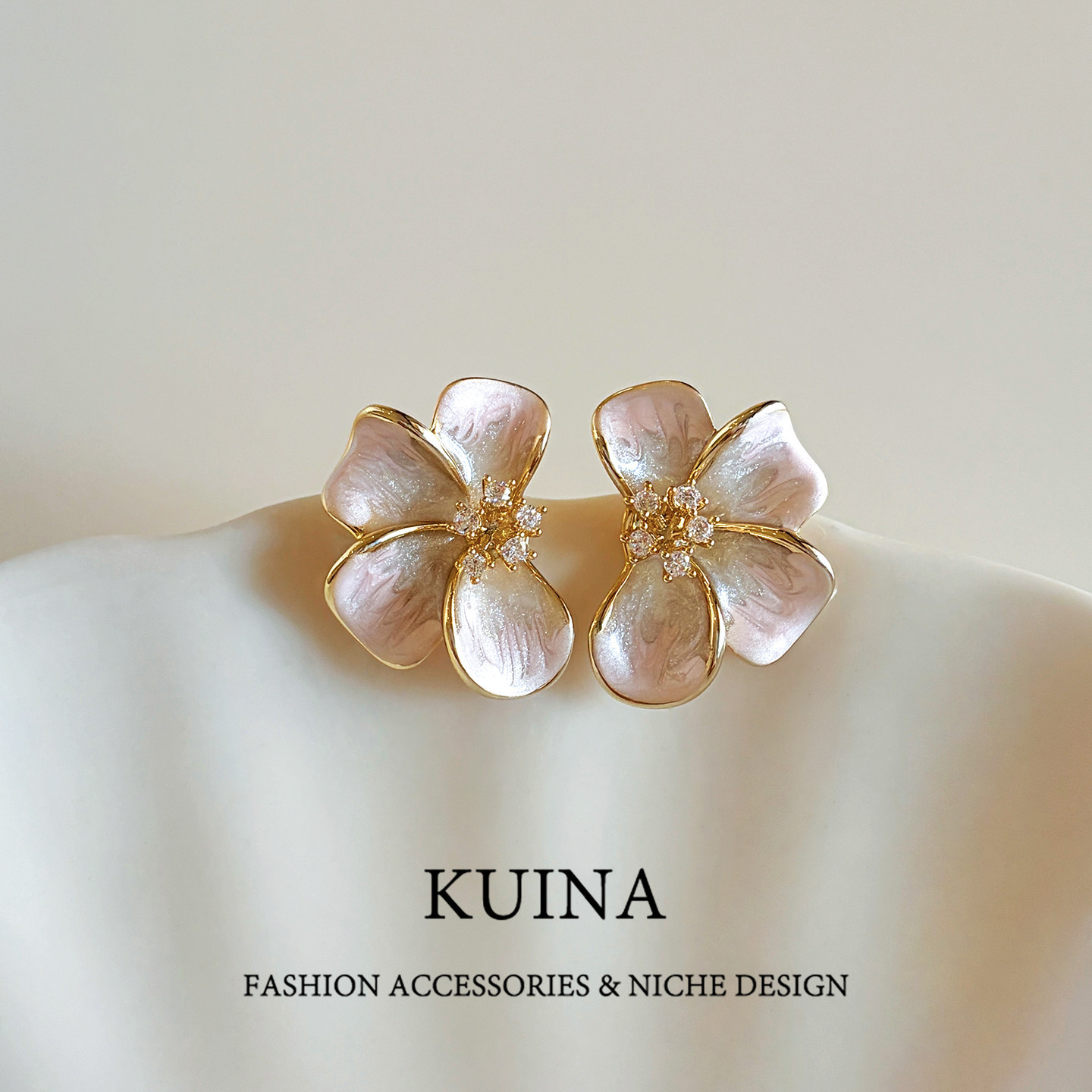 Pink enamel flower sterling silver stud earrings