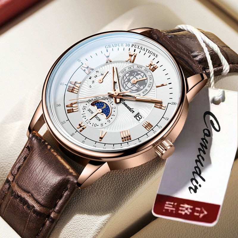 Men's quartz watch, leather strap, waterproof