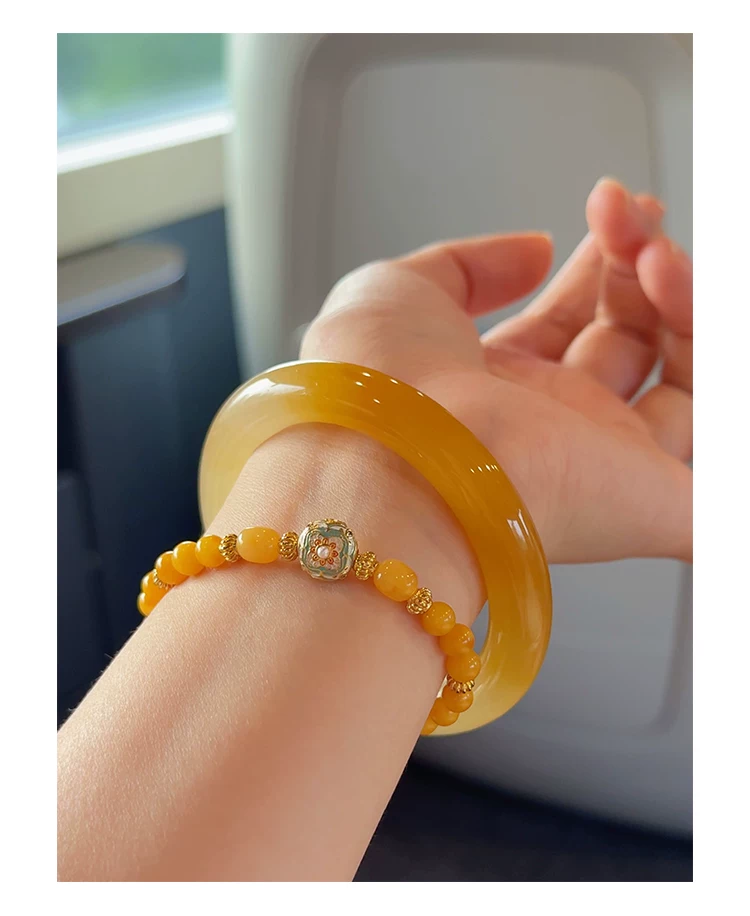 Natural yellow long jade bracelet with gold thread, wide design