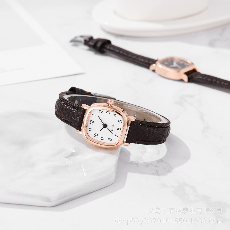 Damen-Quarzuhr quadratisch, Lederarmband