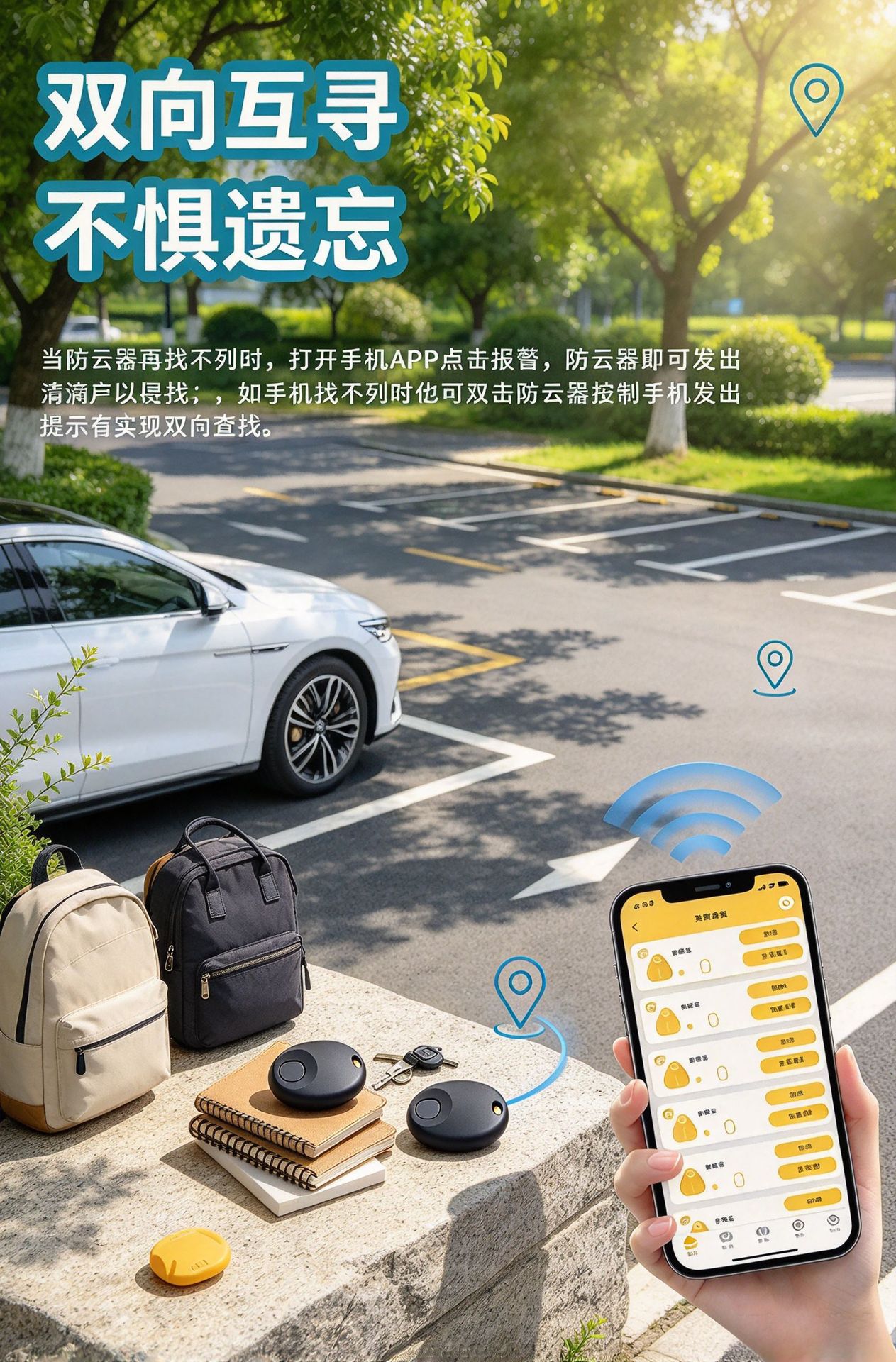 Wireless tracker for wallet and keychain, bidirectional alarm