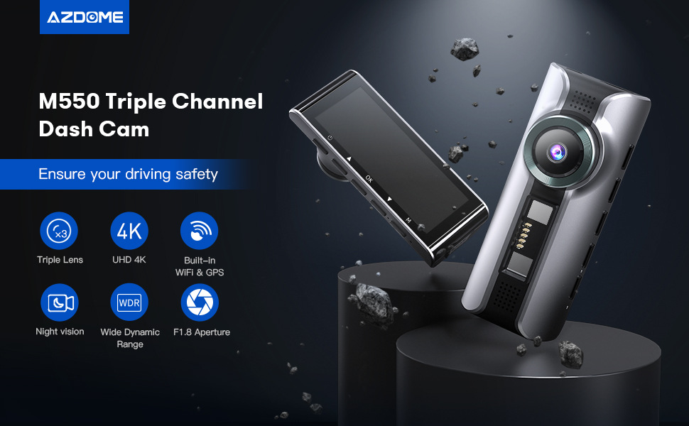 AZDOME araç kamerası üç lens 4K 1080P 1440P GPS