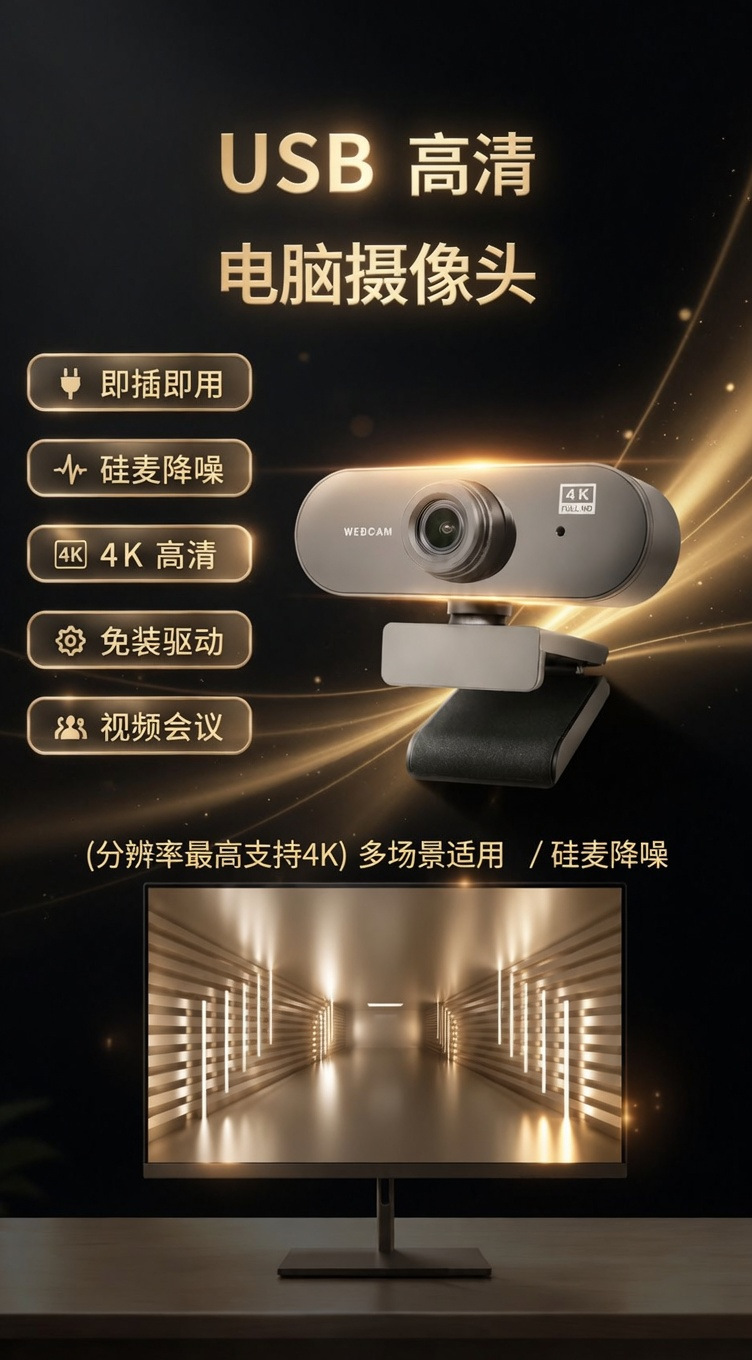 USB computer webcam, Full HD, plug and play, beauty effects