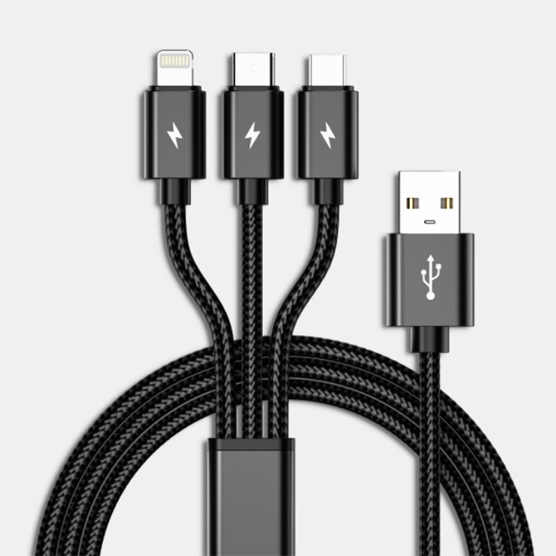 Kalın örgülü bir ila üç veri kablosu üçü bir arada USB hızlı şarj, iPhone Android Type-C şarj kablosuna uygun