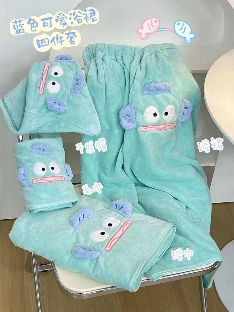 可穿可裹珊瑚绒丑鱼浴巾女毛巾干发帽三件套新款大人吸水浴裙