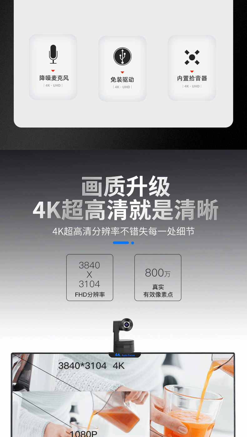 4K USB web camera for live streaming and video conferencing