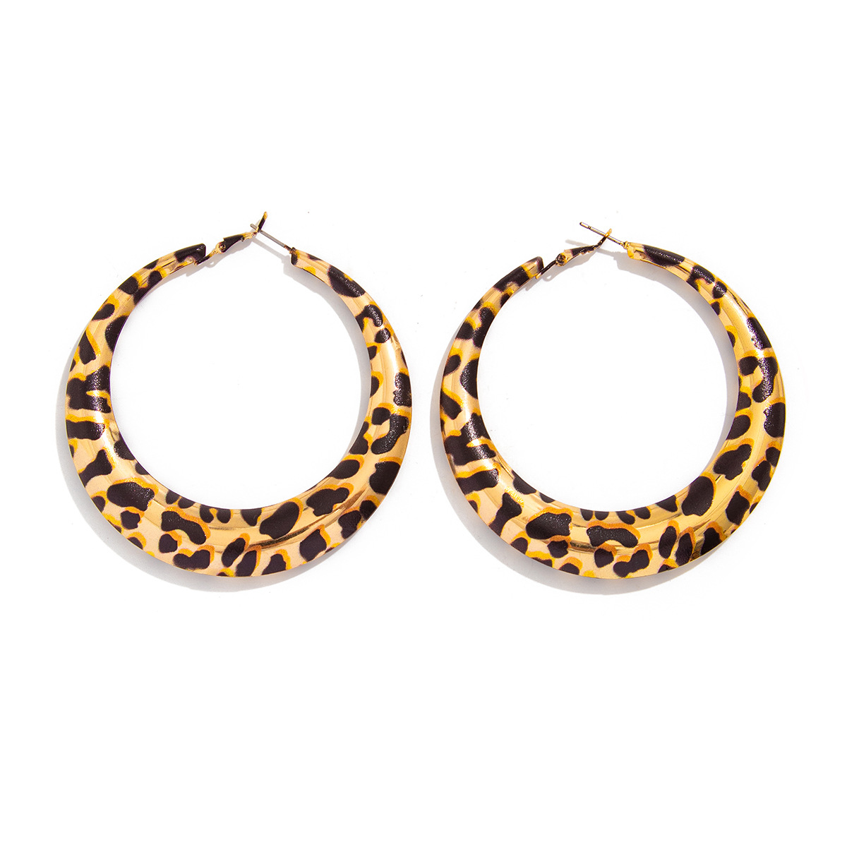 Leopar desenli geometrik metal çember küpe