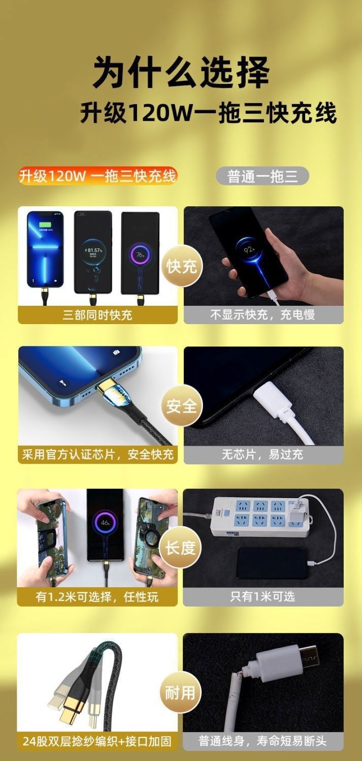 100W şarj kablosu, 3-in-1, Apple Android Huawei Xiaomi uyumlu