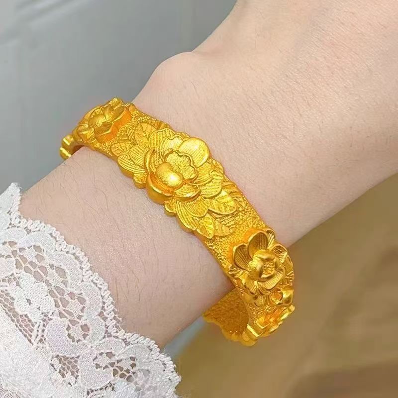 3D carved peony bracelet, solid gold-colored Chinese style