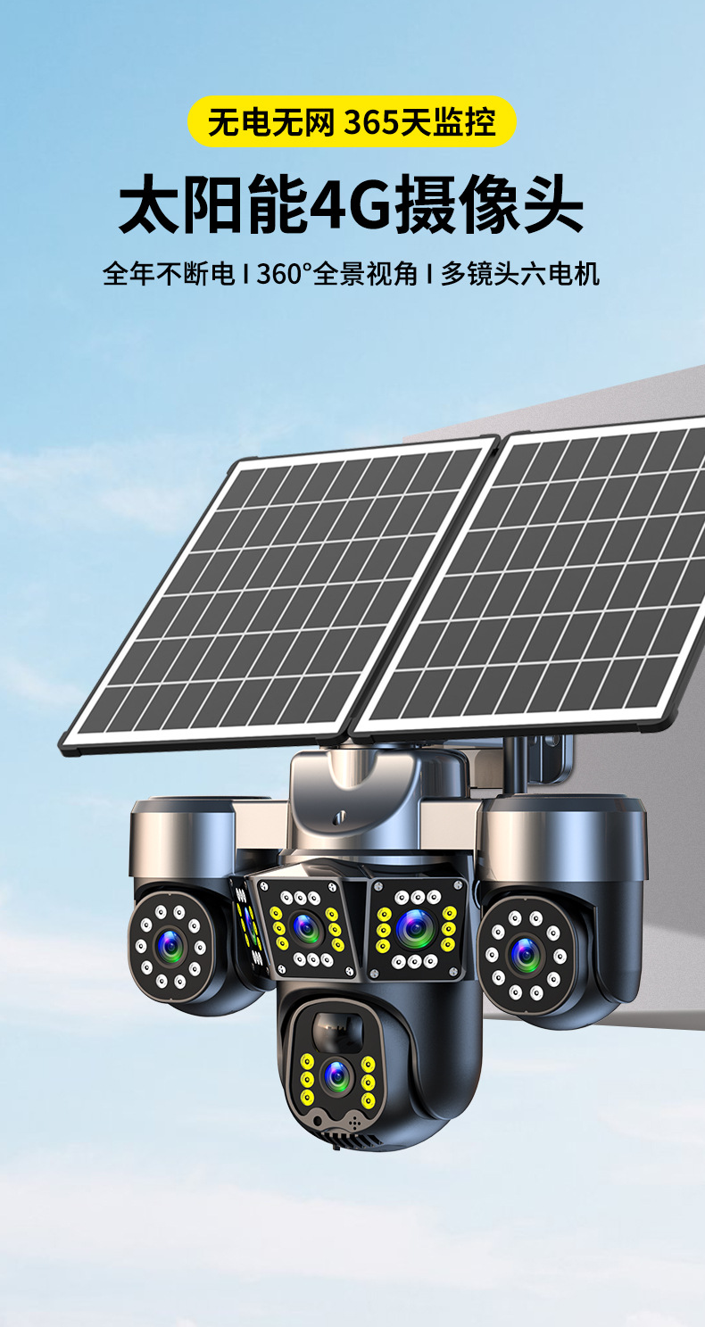 Solar-powered camera monitor, 360 degree, night vision