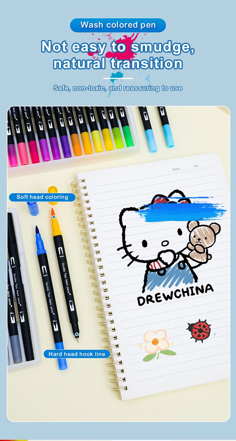 跨境双头水彩笔套装软硬两用绘画儿童美术速干可水洗软头水彩笔