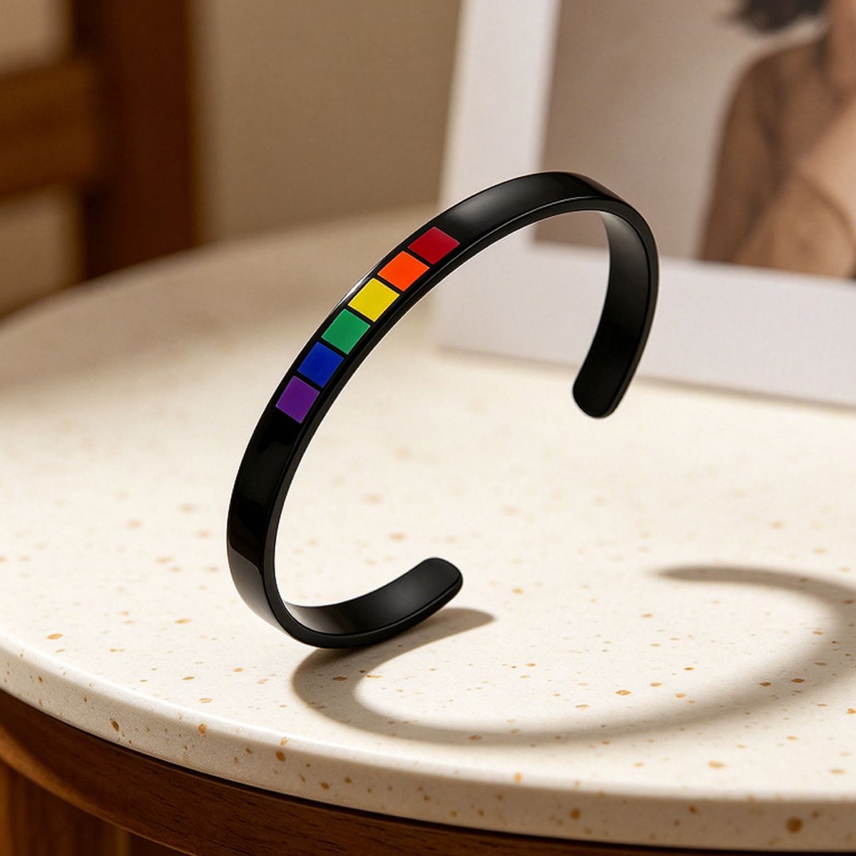 Stainless steel rainbow C-shaped open bangle 6MM