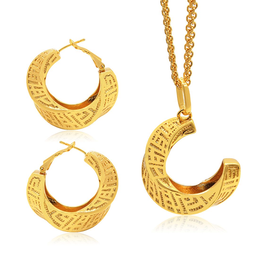 24K altın kaplı bakır takı seti kolye küpe geometrik