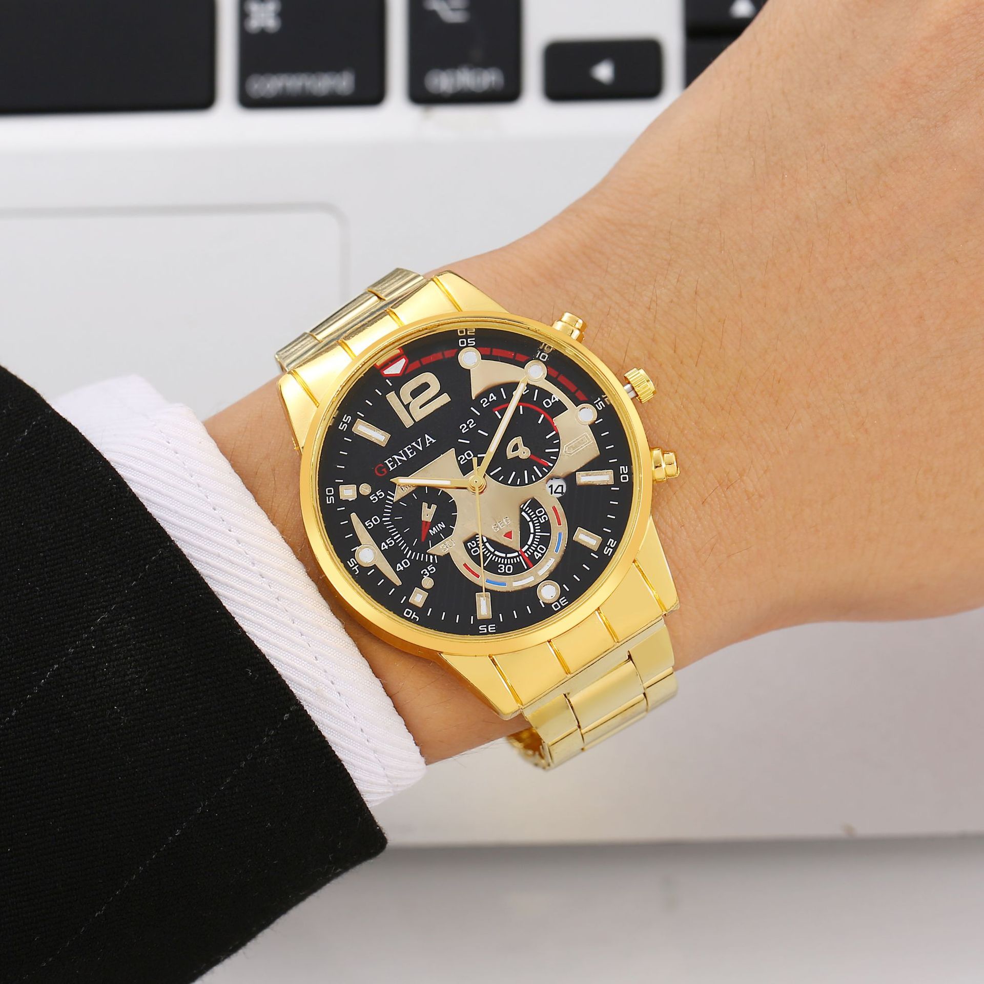 爆款男士钢带日历石英手表男运动夜光指针石英表男款腕表大表盘表