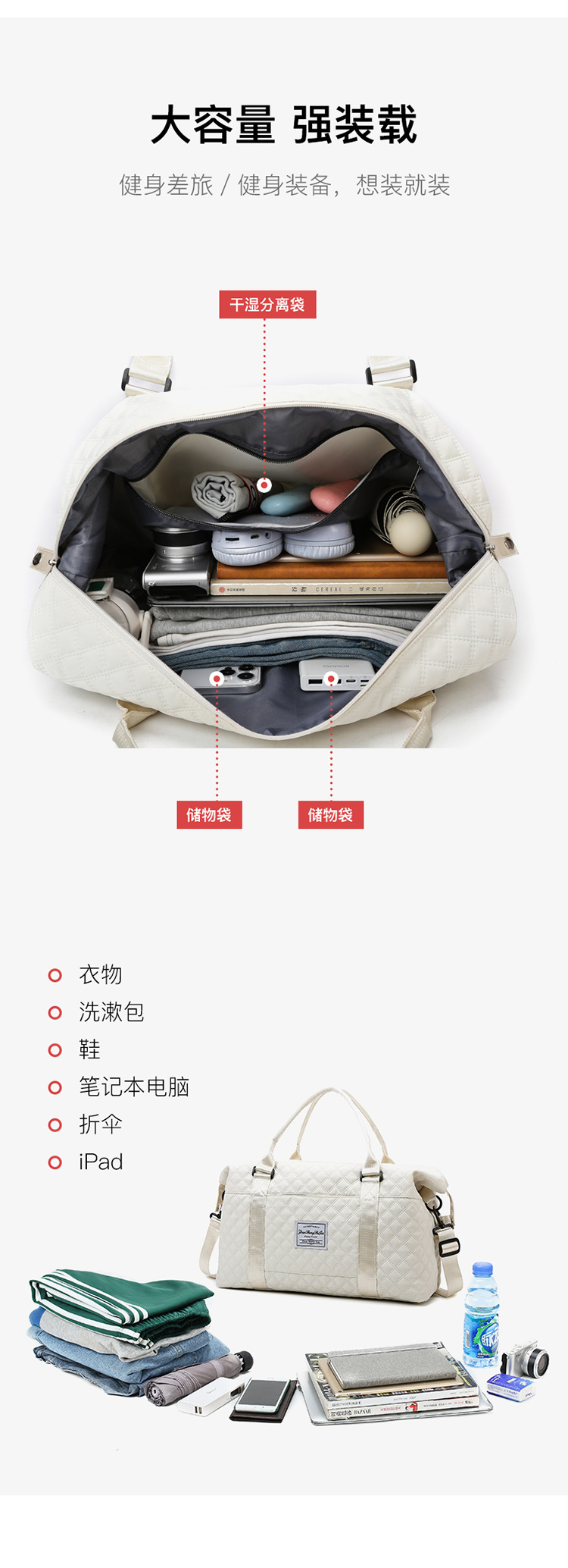 Travel Bag with Wet and Dry Separation, Large Capacity