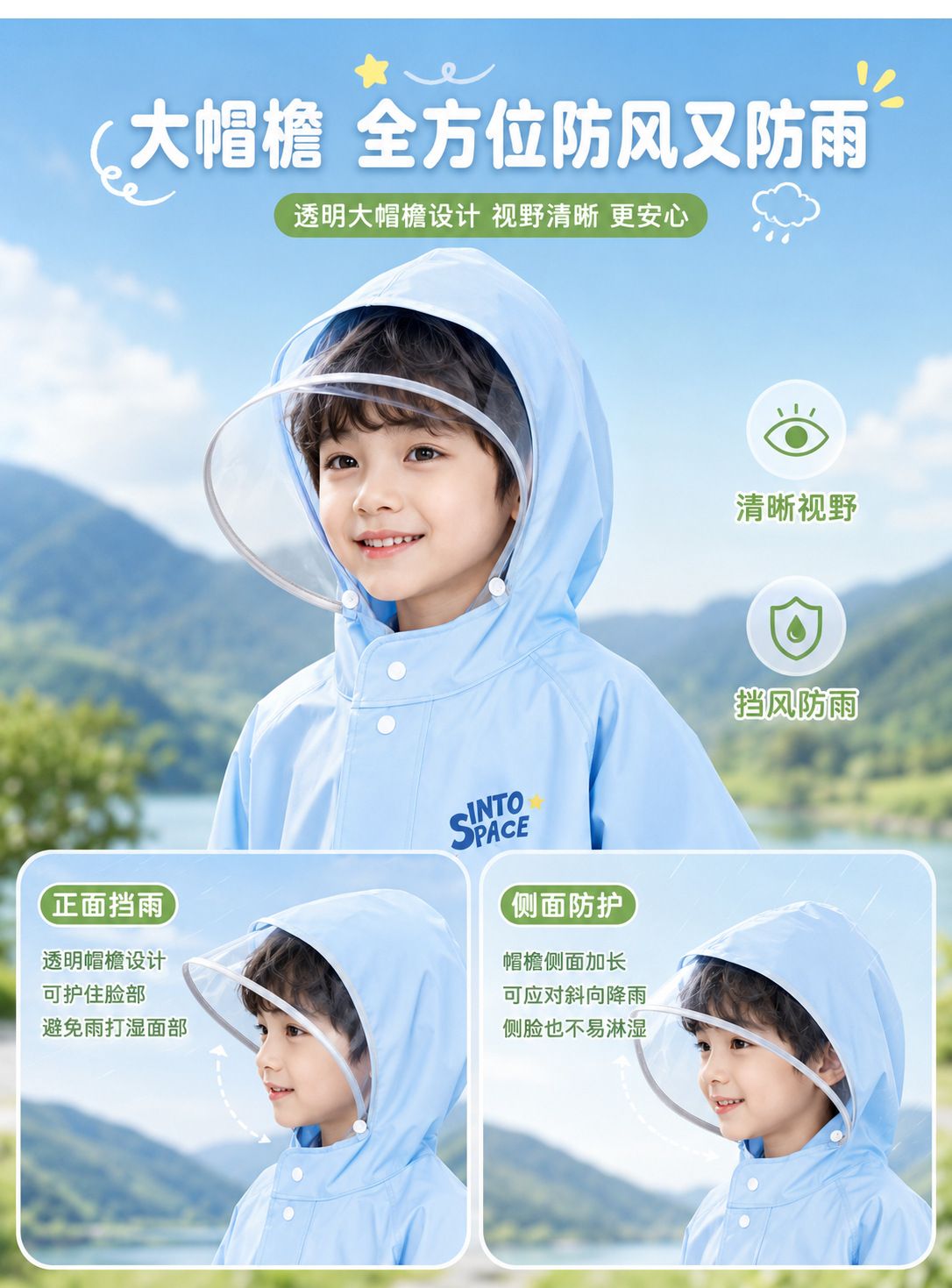 Children's raincoat, full body waterproof, backpack opening