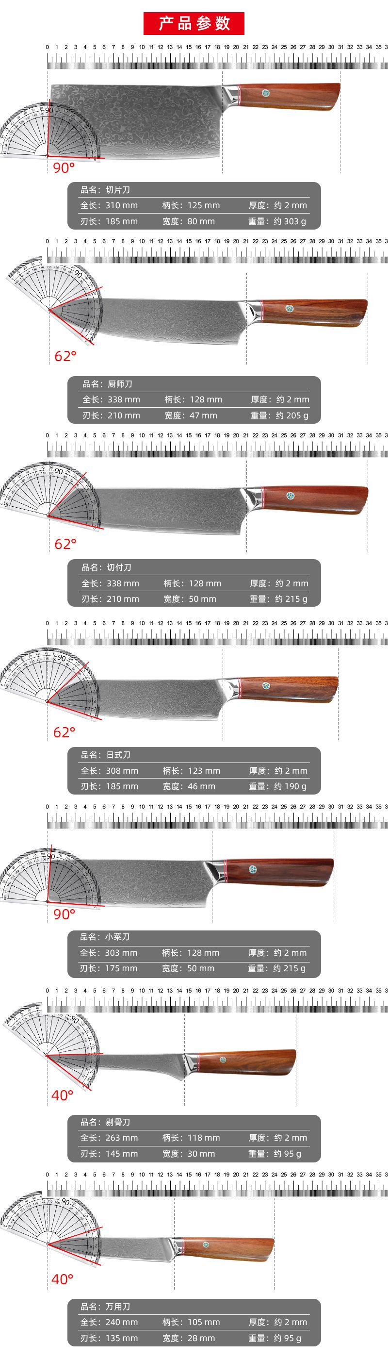 Damascus chef knife set, Japanese style