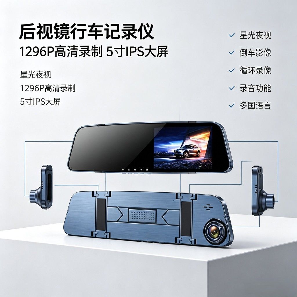 Dual-channel dash cam front-rear, 5-inch screen, loop recording
