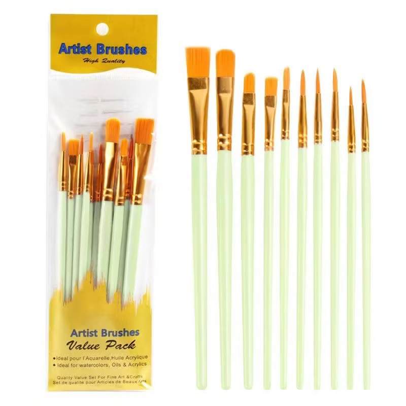 Nylon-Haarpinsel-Set 10er Kunststoffstiel Acryl- und Ölmalerei