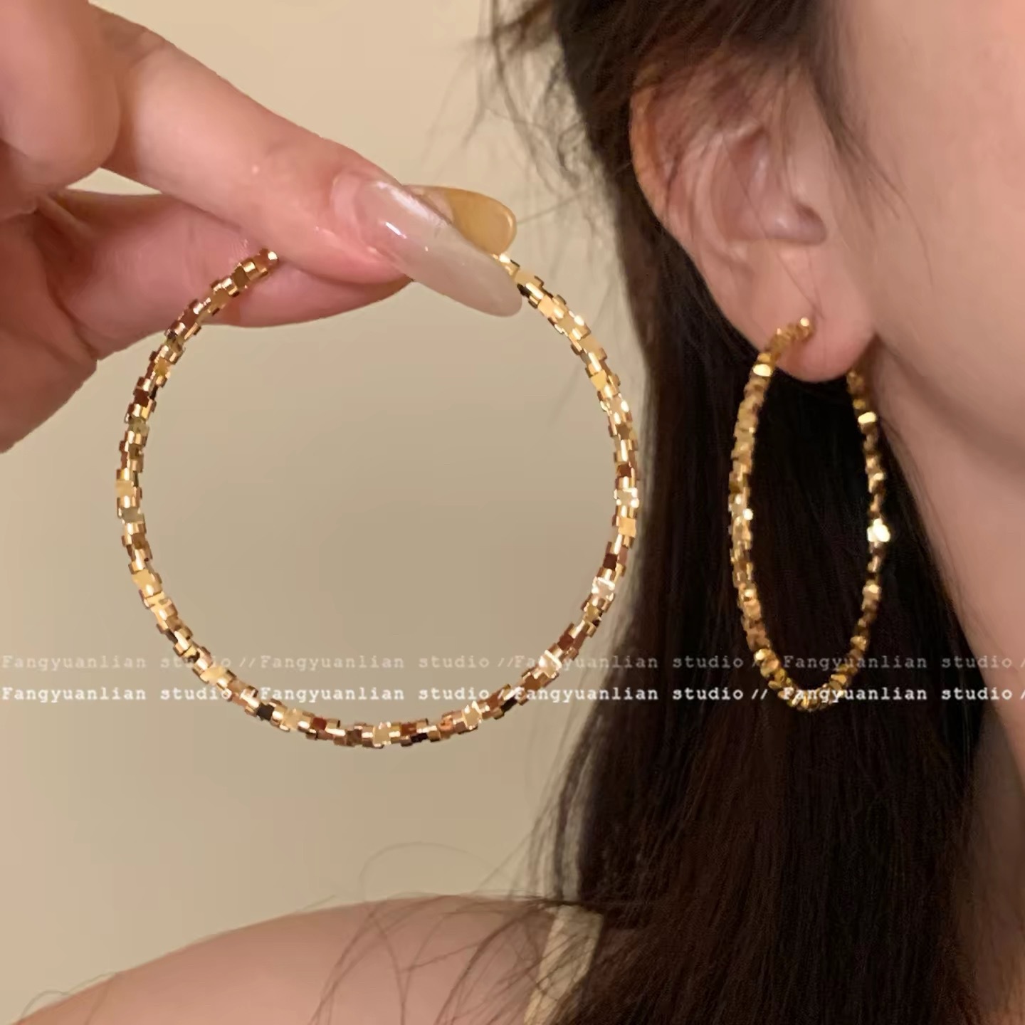 s925银针碎银子圈圈耳环夸张百搭素圈耳圈小众高级感轻奢耳钉耳饰
