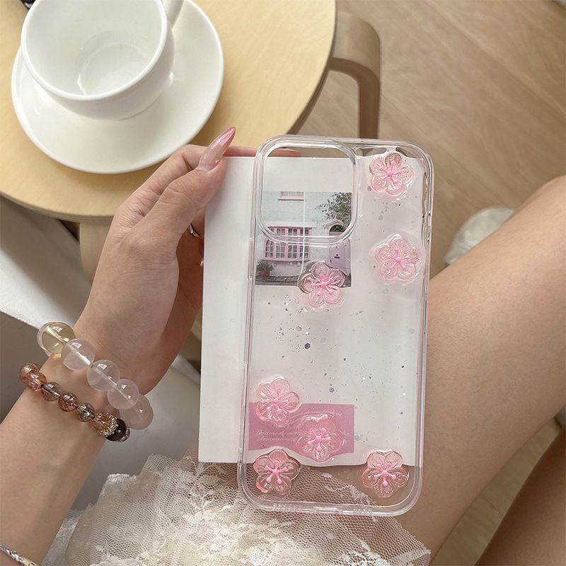 iPhone 17 Pro / 16 / 15 pink cherry blossom glitter transparent case