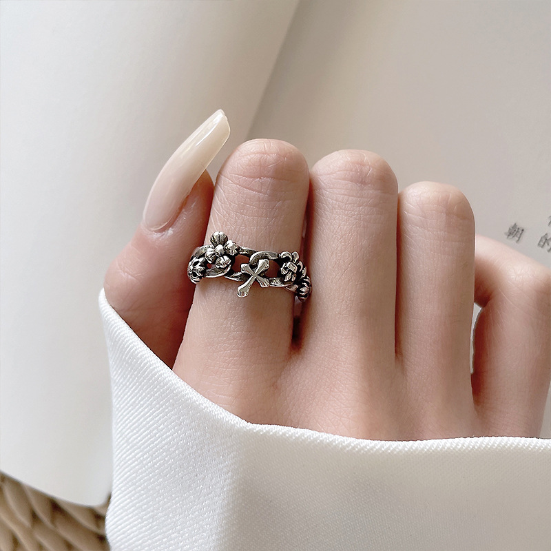 925 silver flower open ring, Thai silver, non-tarnishing