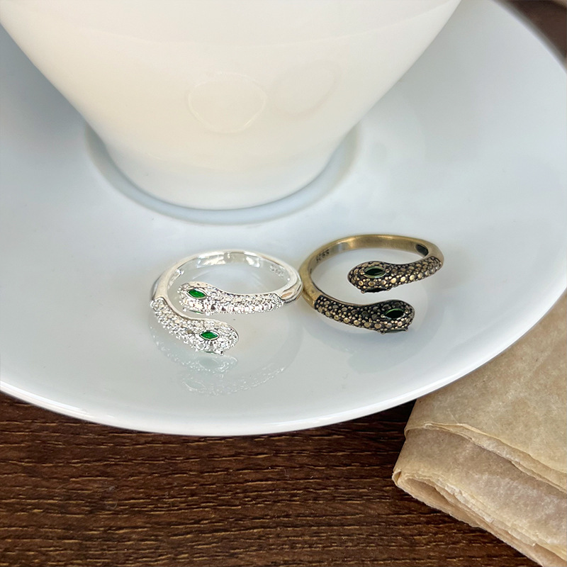 Schlangenring, 925er Silber, Zirkonia-Stein, doppelköpfiges Design