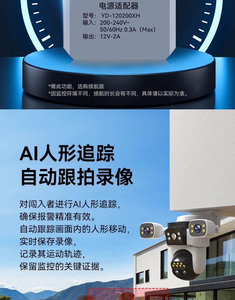 360-degree triple camera, HD surveillance, quad-lens