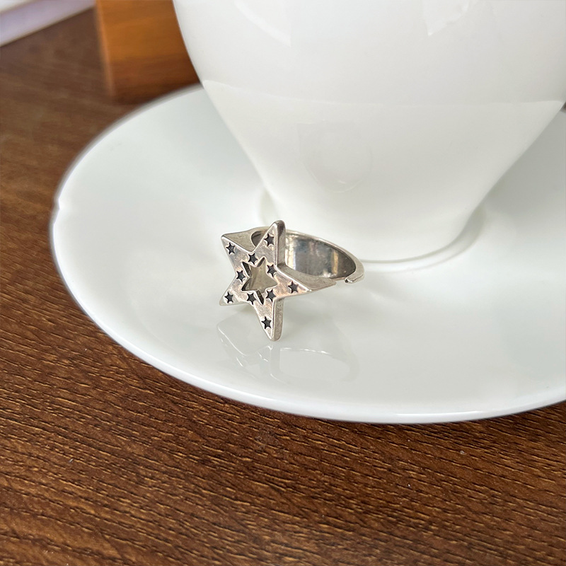 Five-pointed star 925 silver ring, hip-hop design
