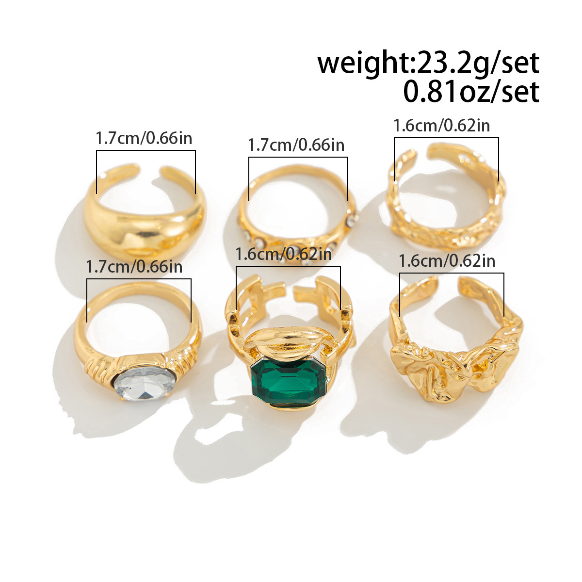 欧美跨境时尚ins风彩色宝石镶嵌戒指套装 金属质感光面指环Rings