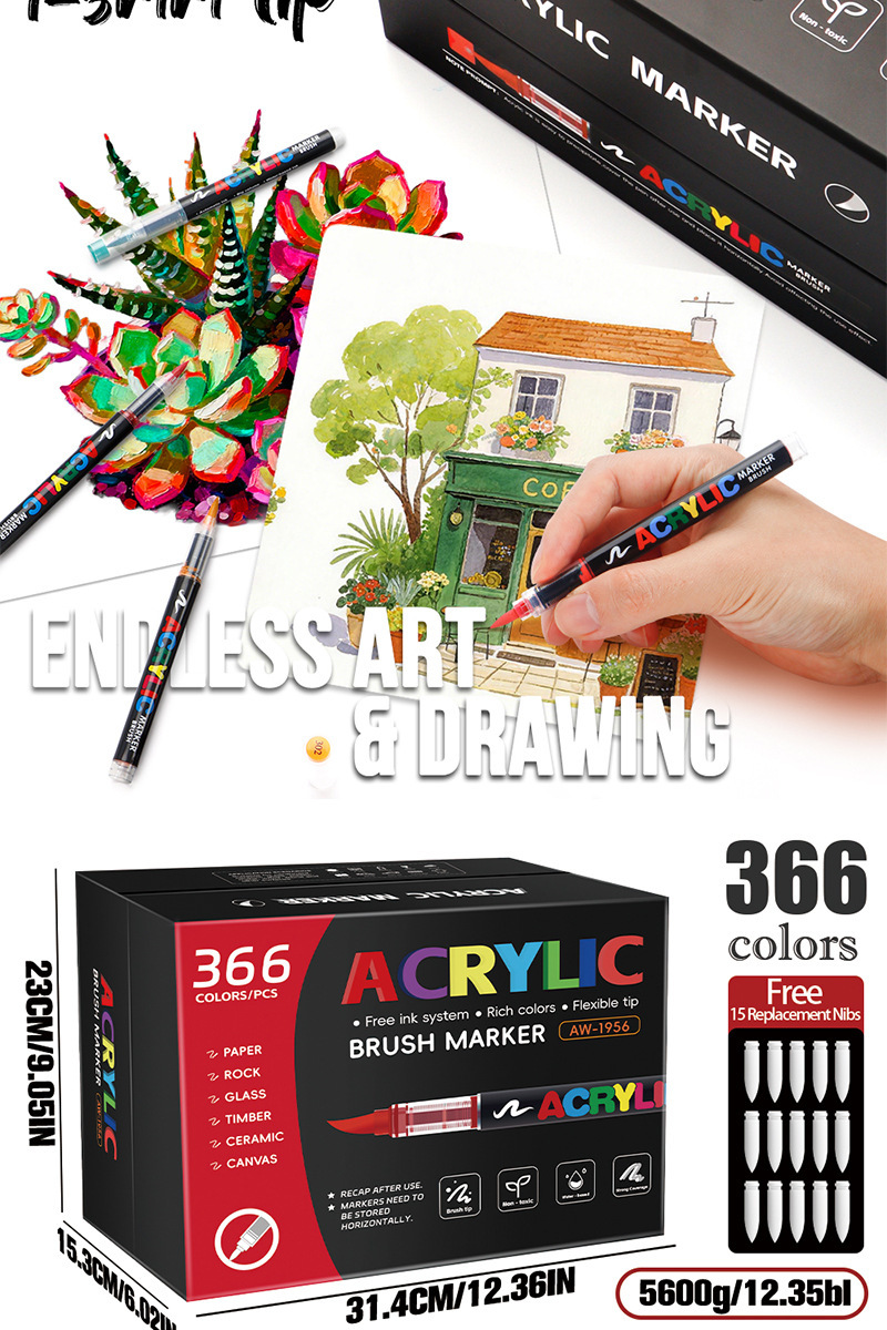366-teiliges Acryl-Marker-Set mit weicher Spitze, stapelbar