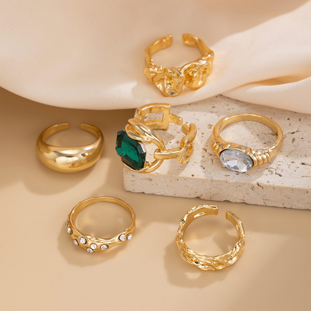 欧美跨境时尚ins风彩色宝石镶嵌戒指套装 金属质感光面指环Rings