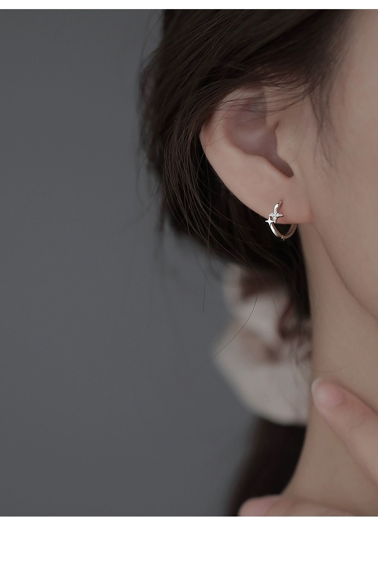 S999 Sterling Silver Star Earrings, Zircon, Elegant