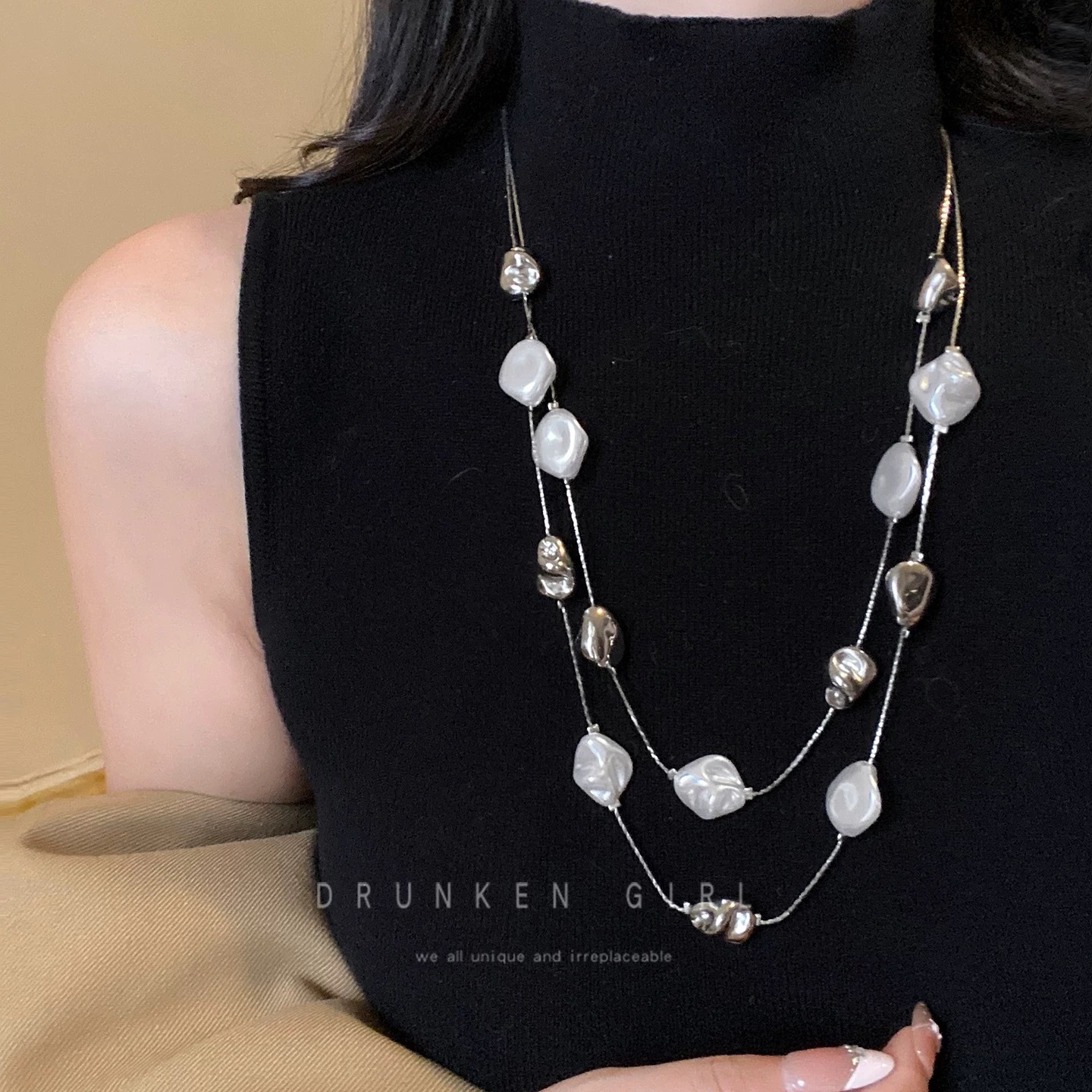 Double-layer pearl necklace, vintage heavy sweater chain