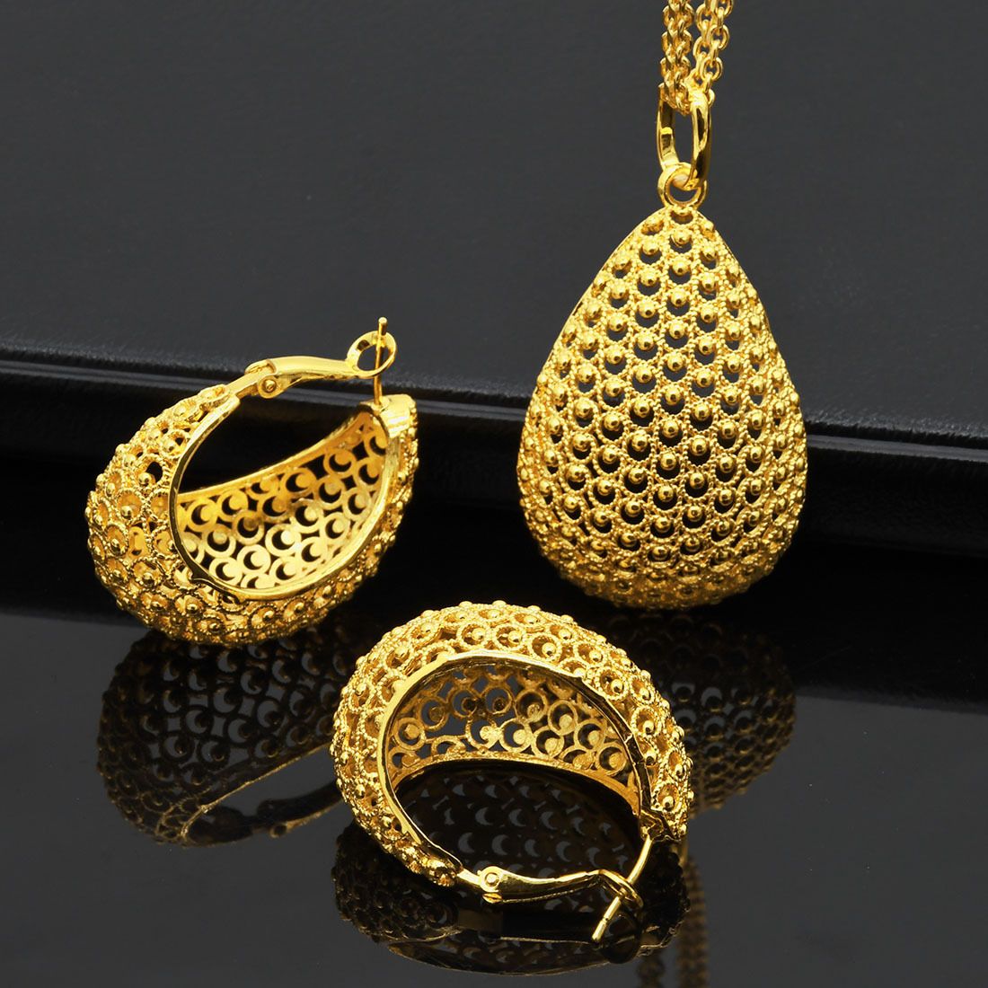 24K altın kaplı bakır takı seti kolye küpe geometrik